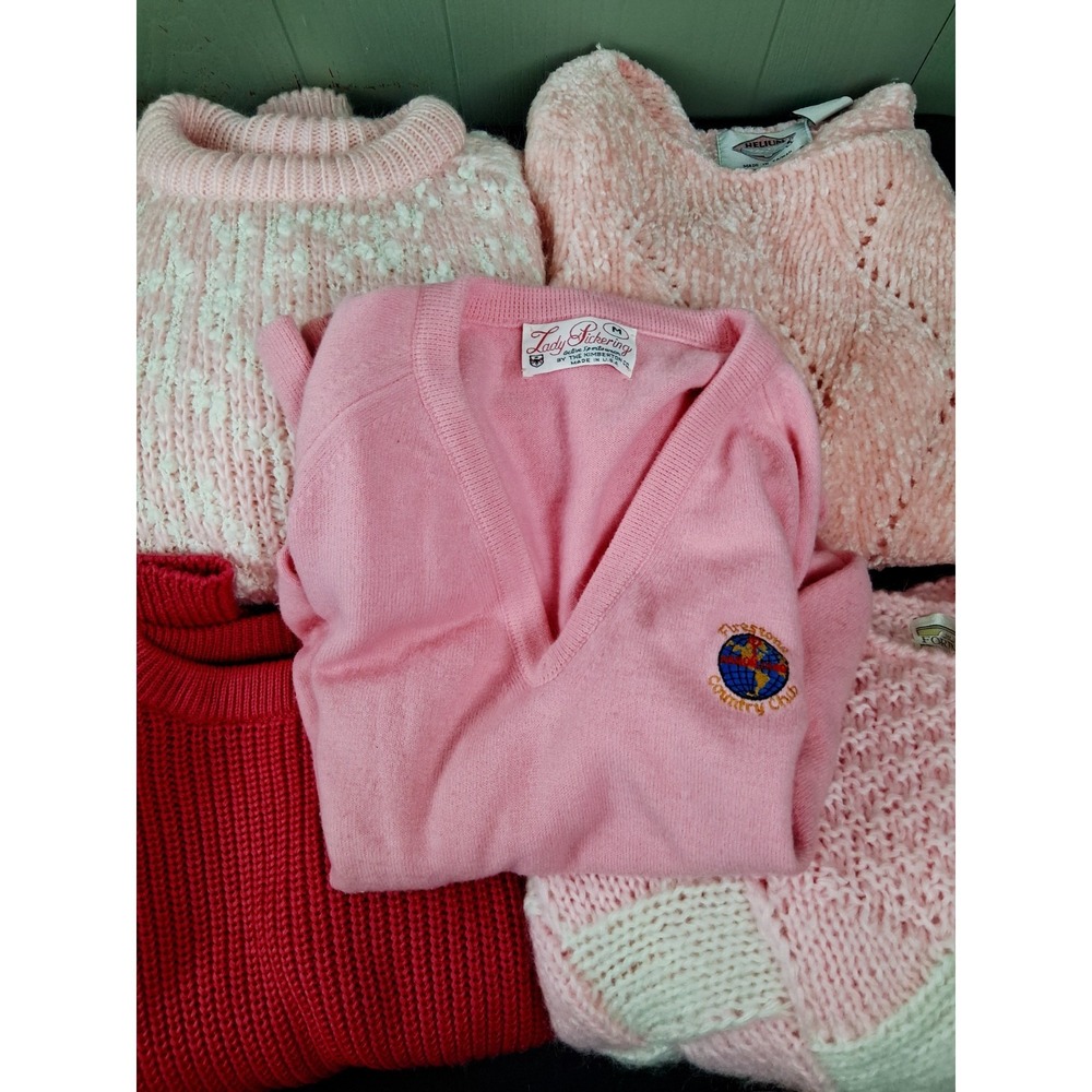Vintage Womens Sweaters Grandma S-M 1980s Shades of PINK Soft Crochet Lot of 5